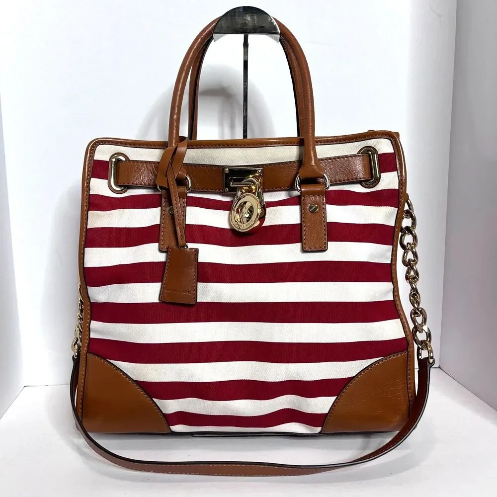 Michael Kors Large Hamilton Brown Leather Trim Red & White Canvas Tote